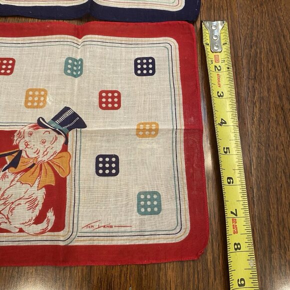 2 Vintage Tom Lamb Kids Hankies Dog Dice Red Blue Favorites 8 1/2" Square - Picture 8 of 8